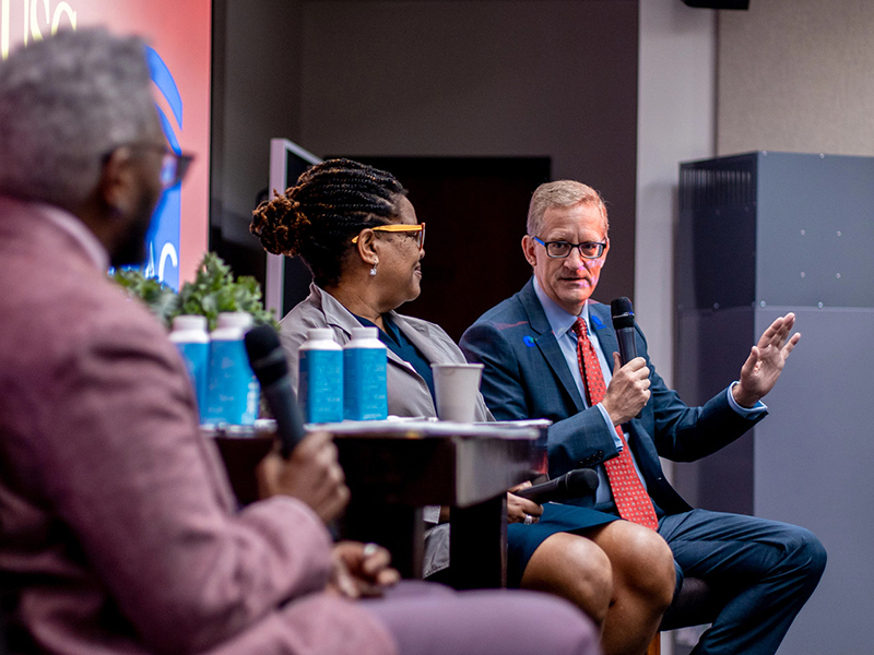 From right: USC Gould Dean Andrew Guzman, PSU Dickinson Dean Danielle Conway, and Jay Austin, executive director, RISE Alliance