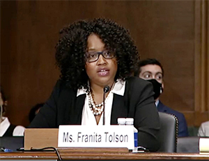 Franita Tolson testifying on voting rights at a Senate hearing in 2021