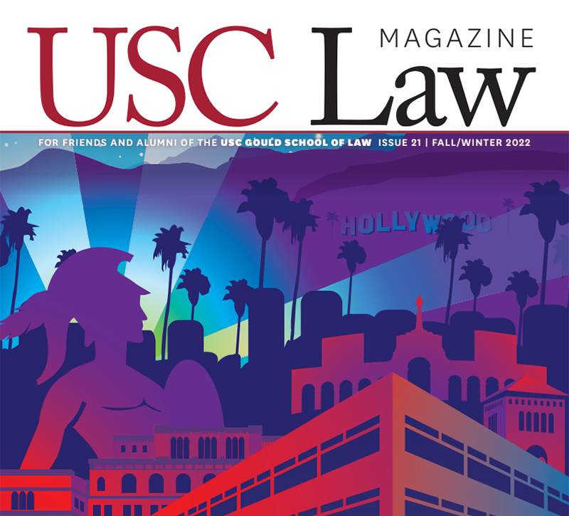 Cover art for USC Law magazine depicting a red collage of upward arrows inlaid with photos of USC Gould School of Law students, alums and philanthropists.