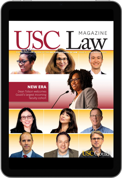 Cover of the latest issue of USC Law showing a collage of faculty photos